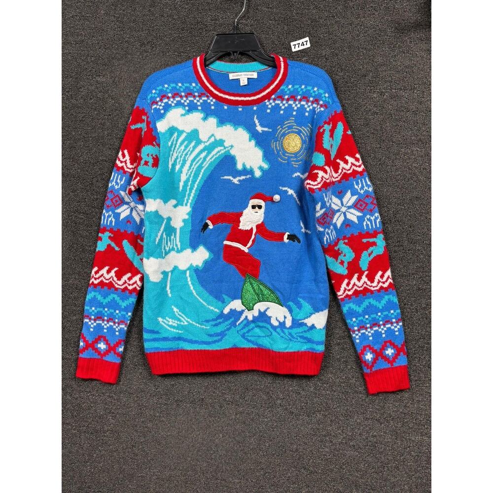 Celebrate Together Pullover Sweater Mens Small Blue Surfing Santa Ugly Christmas
